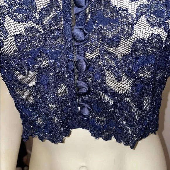 VINTAGE ROBERTA EINER ROYAL BLUE SHEER SPARKLING LACE CROP WITH BUTTONS SIZE M - Picture 15 of 16